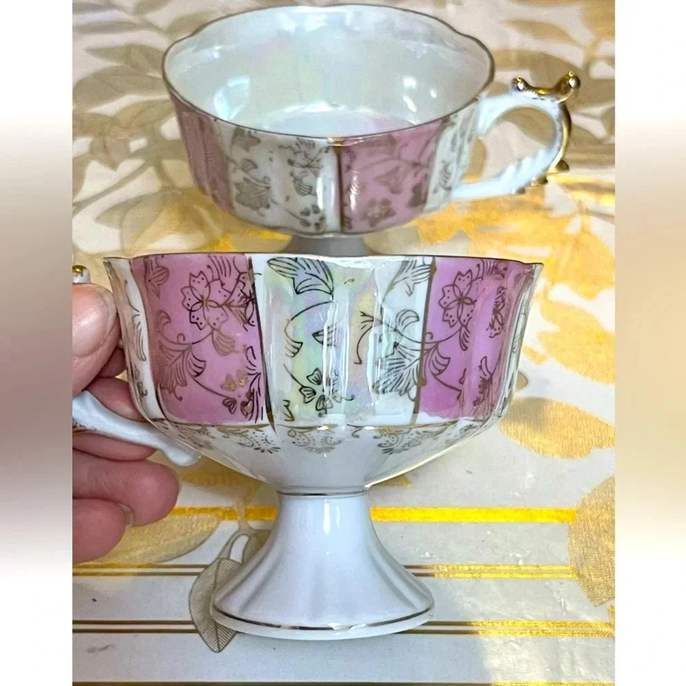 VTG Set Of Two ROYAL SEALY  WHITE PINK GOLD PORCELAIN IRIDES footed CUPs Japan